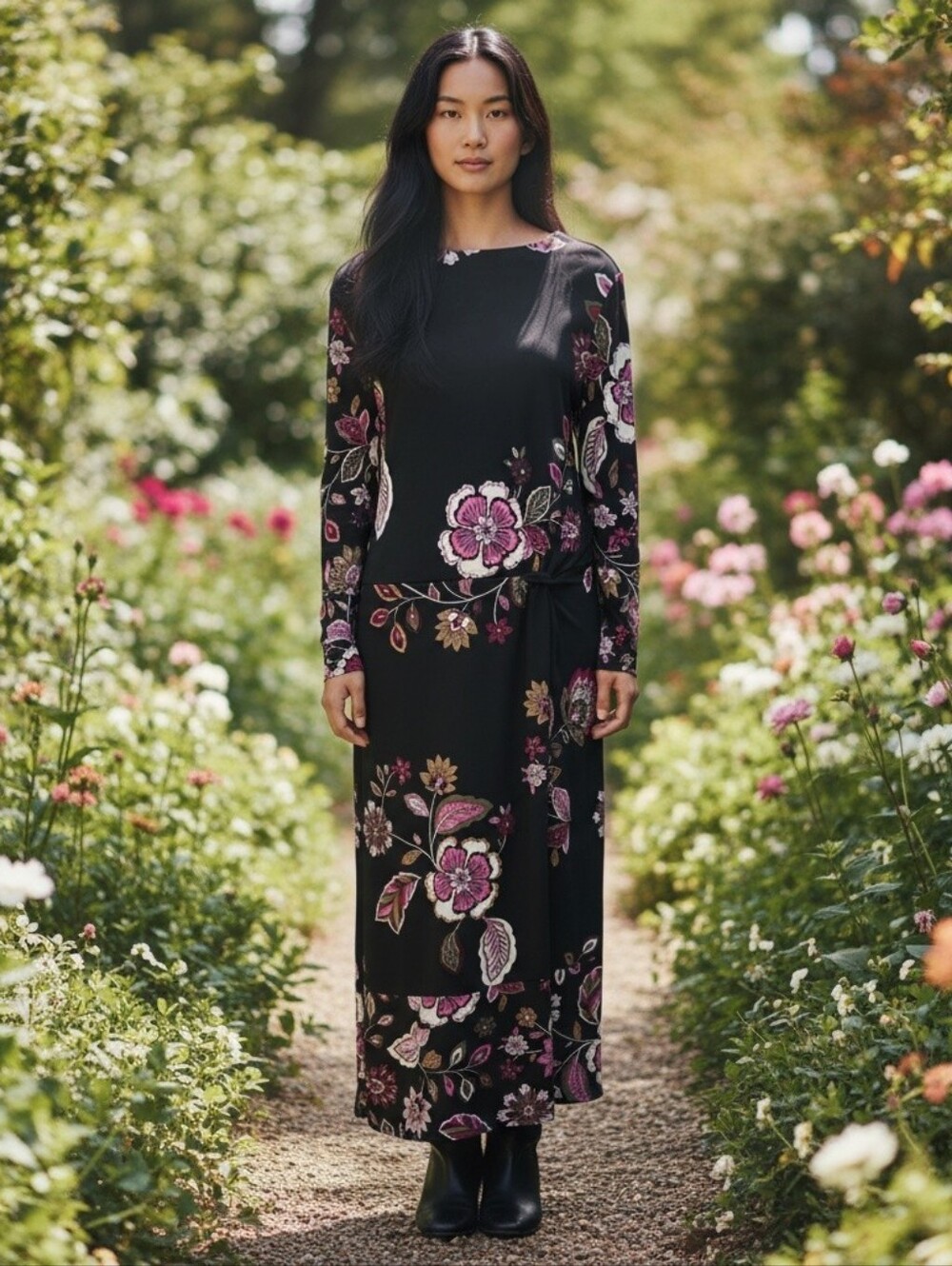 Talbots Black Maxi Dress with Pink Floral Print Size 12 Petite